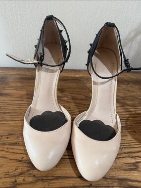 BCBGeneration Nude and Black Ankle-Strap Pointed Heels